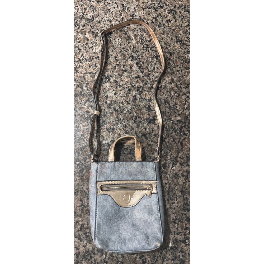True Religion Women Mini Crossbody Bag Gold Denim Blue Small Vertical Tote Purse